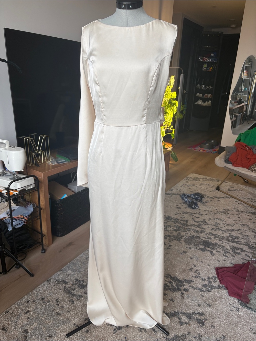 One-Sleeve Cream Satin Evening Gown